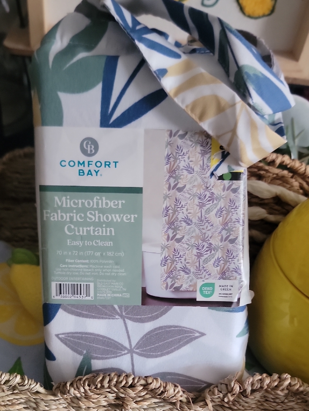 Comfort Bay Microfiber Shower Curtain -White Blue and Green Leaf Print So Soft!